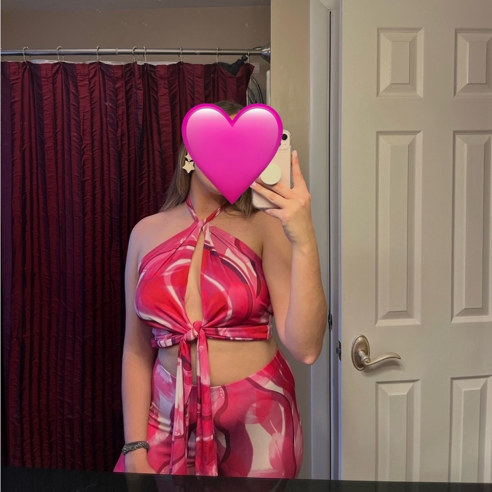 Pink Design Halter Top and Pants Set